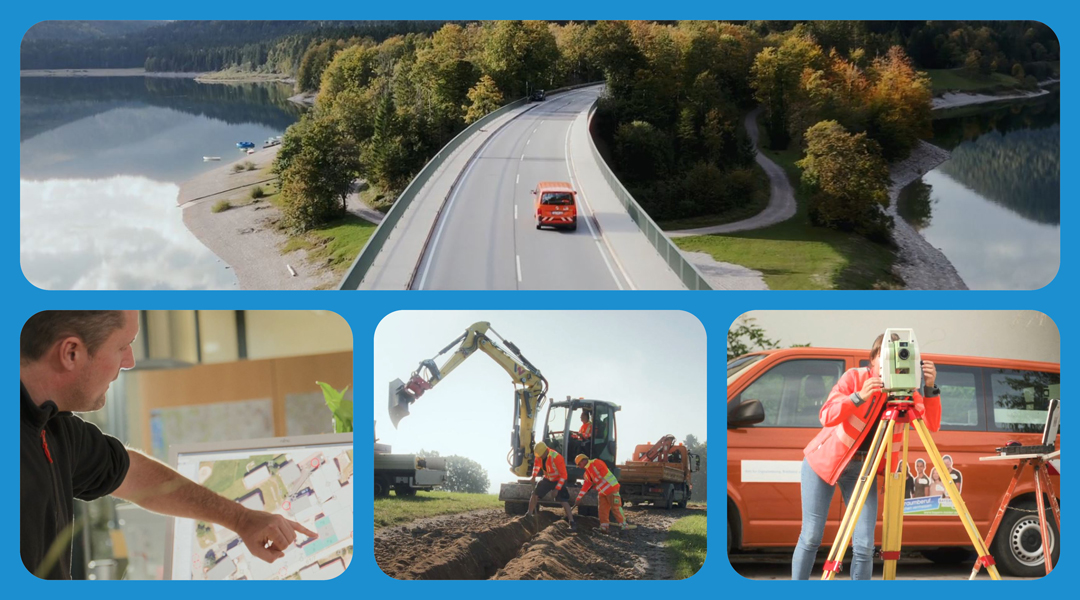 ADBV Imagefilm 2025 Collage aus 4 Bildern: Vermessungsbus fährt über Brücke, Mann zeigt am Bildschirm auf die Flurkarte, Bagger gräbt eine Rinne für Leitungen, Vermesserin am Tachymeter vor Vermessungsbus